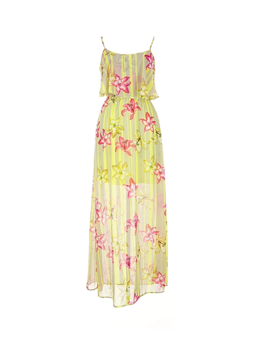 Gianni Bini Floral Stripe Maxi Dress Chiffon Pink Yellow Tropical Boho Vacation